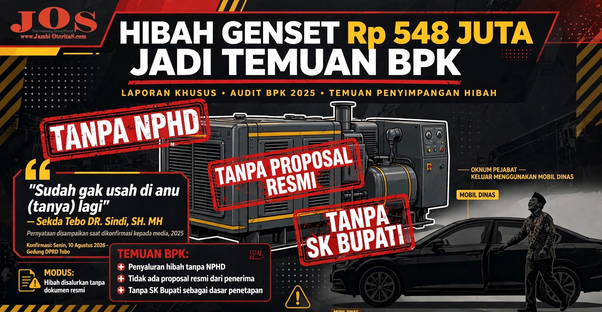 Hibah Genset Rp548 Juta untuk Polda Jambi Jadi Temuan BPK, Sekda Tebo Bungkam dan Hanya Tertawa